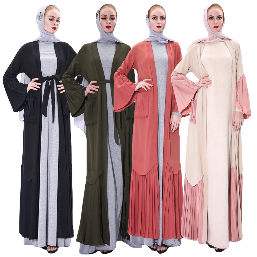 

Abaya Muslim Women Open Kimono Pleated Patchwork Long Dress Party Evening Elegant Maxi Robe Flare Sleeve Dubai Kaftan Gown New