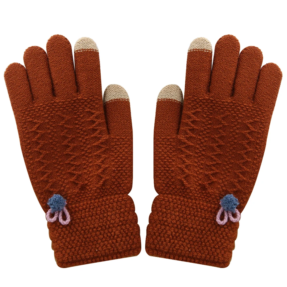 

Winter Women Touch Screen Gloves Pompom Thermal Full Finger Knitted Mittens Female Crochet Luvas Thicken
