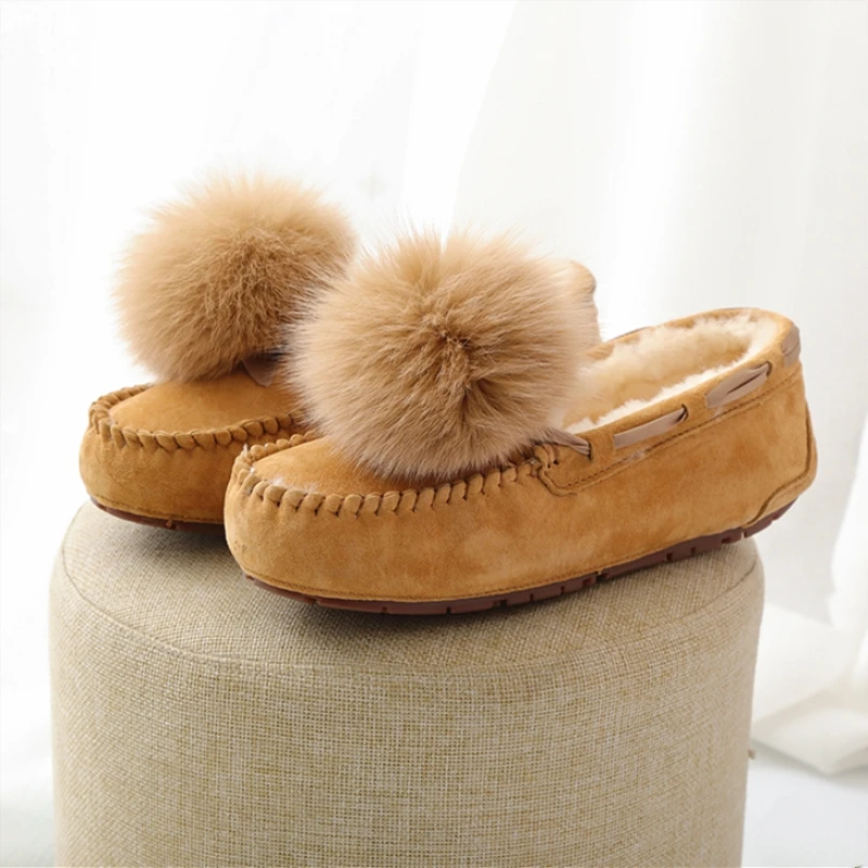

Autumn Winter Suede Shoes Women Flats Genuine Leather Flat Shoes Natural Wool Sheep Fur Natural Ball Fox Fur Women Shoe