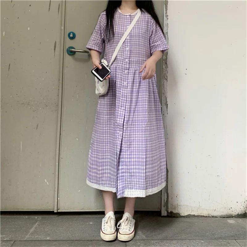 Летнее Хлопковое платье трапециевидной формы с О-образным вырезом и коротким