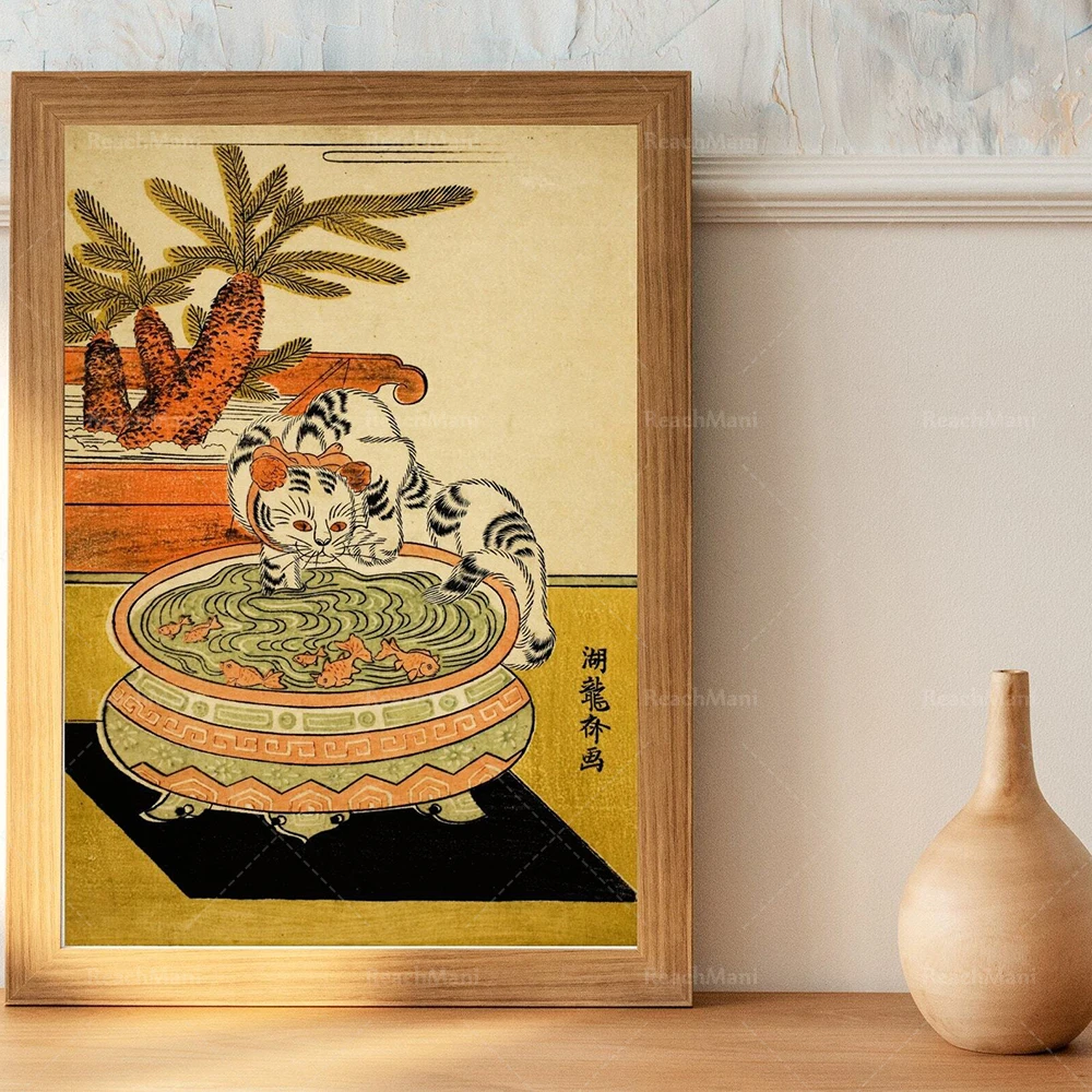 Японский художественный постер настенное искусство укиё-э кошачья лапа Золотая