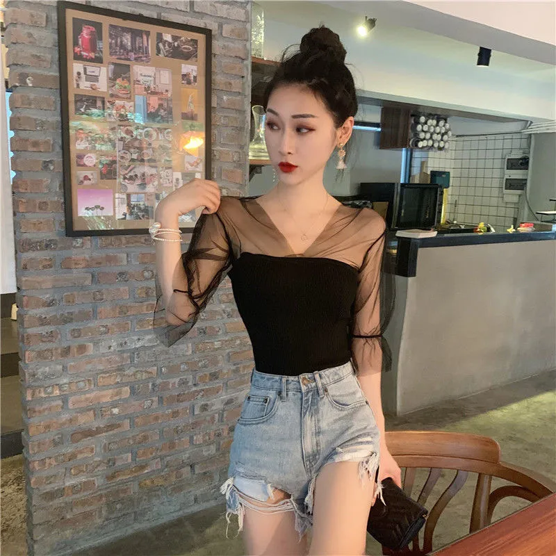 Летние футболки для женщин вязаная футболка Сетчатая в стиле пэчворк женские с