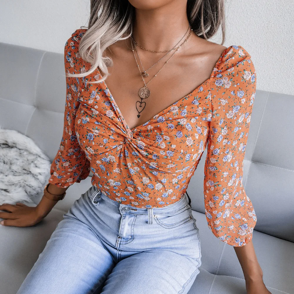 

Sexy Blouse Women Elegant Top Floral Print Women's Chiffon Shirt Slim Boho Feminine Blouses Casual Folds Blusas Tops