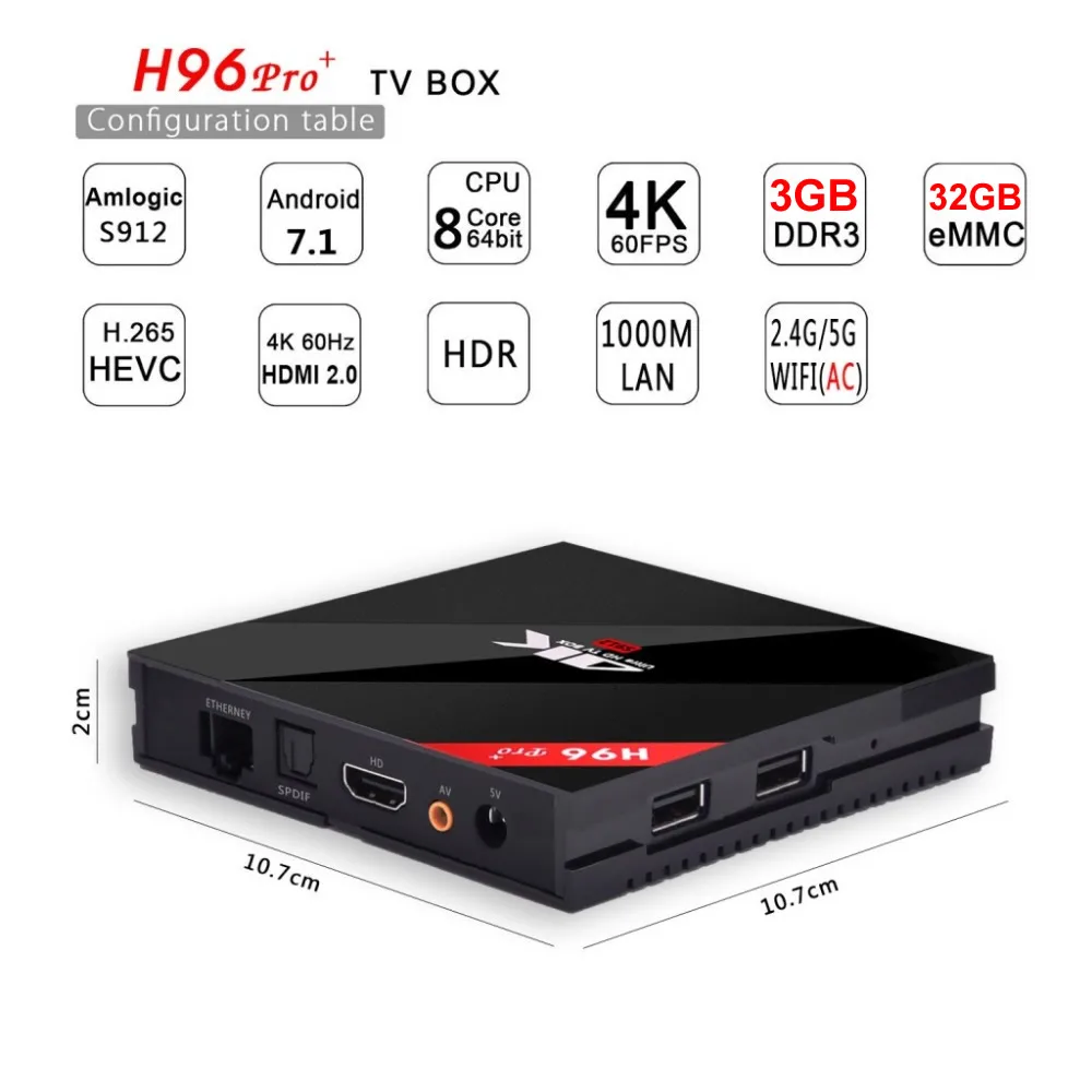 H96 Pro PLUS Android 7 1 Smart TV BOX Amlogic S912 Восьмиядерный 3G RAM 32G ROM 1000M LAN 2 4G 5G DUAL WIFI BT4.1 4K HDR