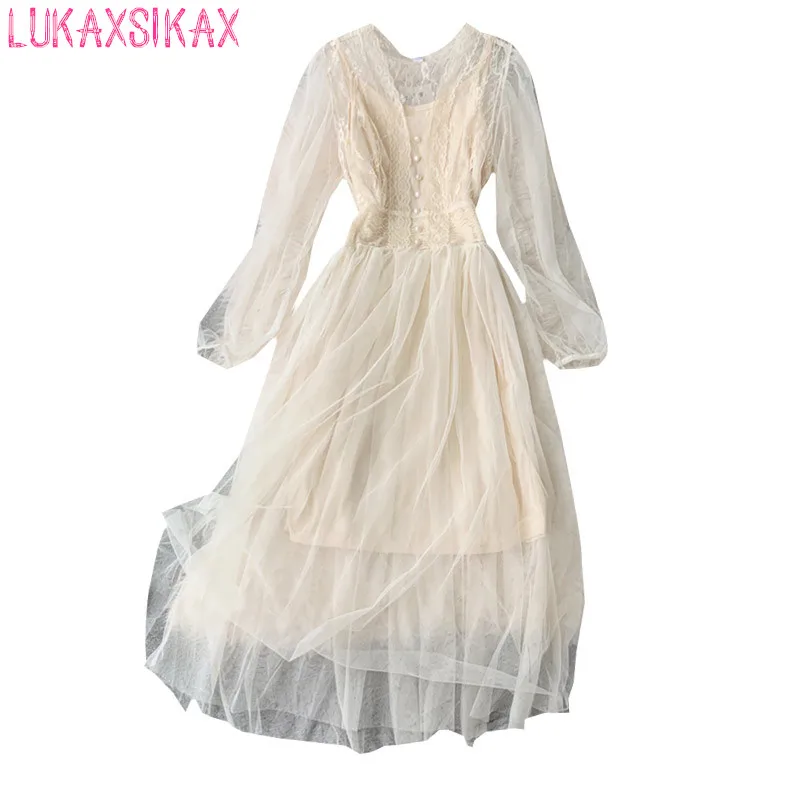 

Платье LUKAXSIKAX женское с V-образным вырезом и длинным рукавом, пикантное Сетчатое шикарное кружевное лоскутное платье на пуговицах с подкладк...