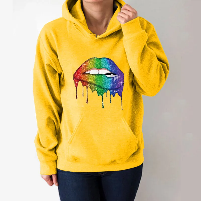 

Rainbow Lip Printed Hoodies Women Fleece Long Sleeve Loose Sweatshirt with Hat Girls Women Hoodie Pullovers Winter