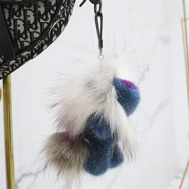 Пушистый настоящий норковый мех кулон милый Синий Лев женская сумка висячий