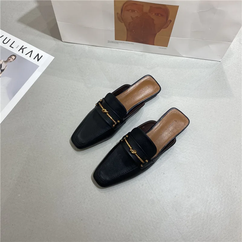 

Loafers Square Toe Slippers Casual Shoes Woman 2021 Pantofle Rivet Low Cover Luxury New Metal Decoration Hoof Heels Fabric Fashi