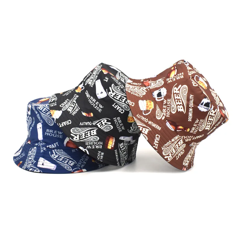 

Reversible Bucket-Hats Letter Beer Unisex Printing Sunscreen Men Women Panama Hat Cotton Fashion Anti-sun Hip Hop Fisherman Cat