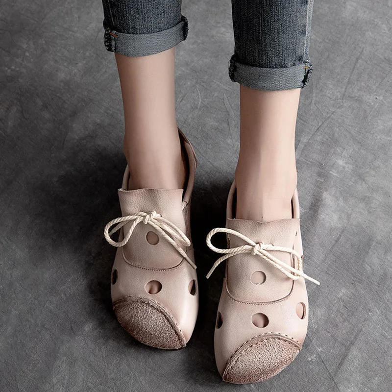 

Summer New Retro Casual Low-heeled Cow Leather Shoes Hollow Sandals Strappy Non-slip Wear-resistant Women Shoes Women Sandals