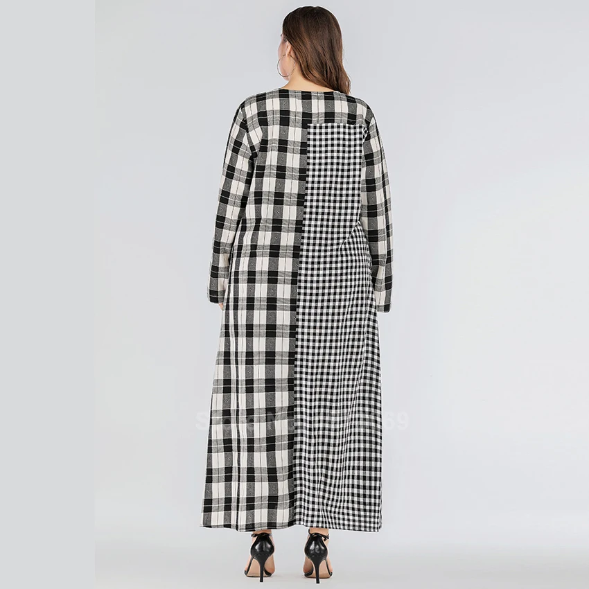 Женское платье макси размера плюс мусульманское в клетку с длинным рукавом и