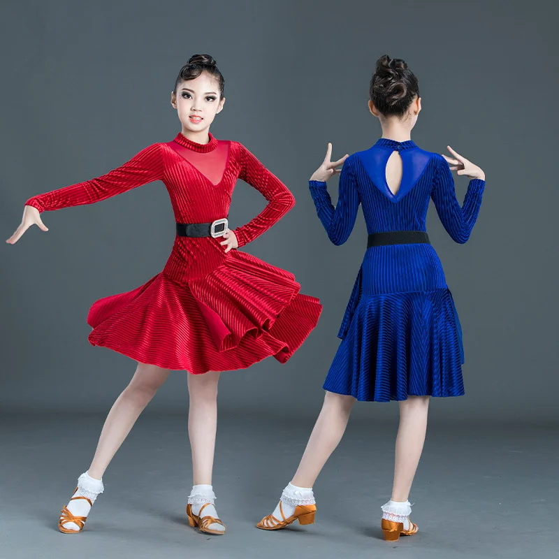 Детское платье для латиноамериканских танцев бархатное с длинными рукавами