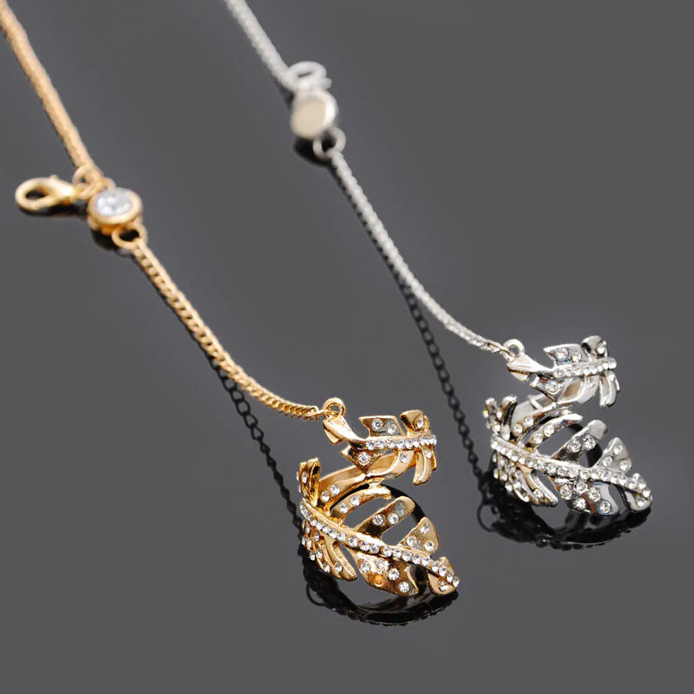 

Rhinestone Leaf Finger Ring Set Adjustable Metal Chain Glitter Bridal Jewelry for Women Personality s Wedding