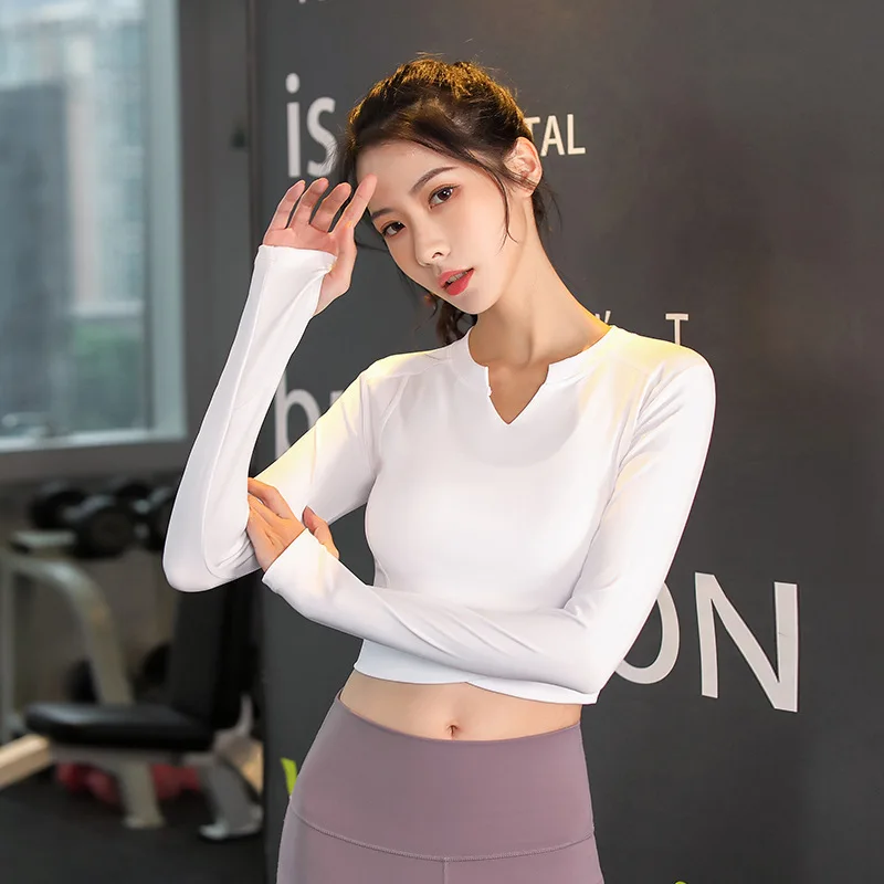 

CHRLEISURE тонкий спортивный топ с v-образным вырезом и накладным подолом, детская кроватка для йоги с длинным рукавом, дышащие быстросохнущие Бл...