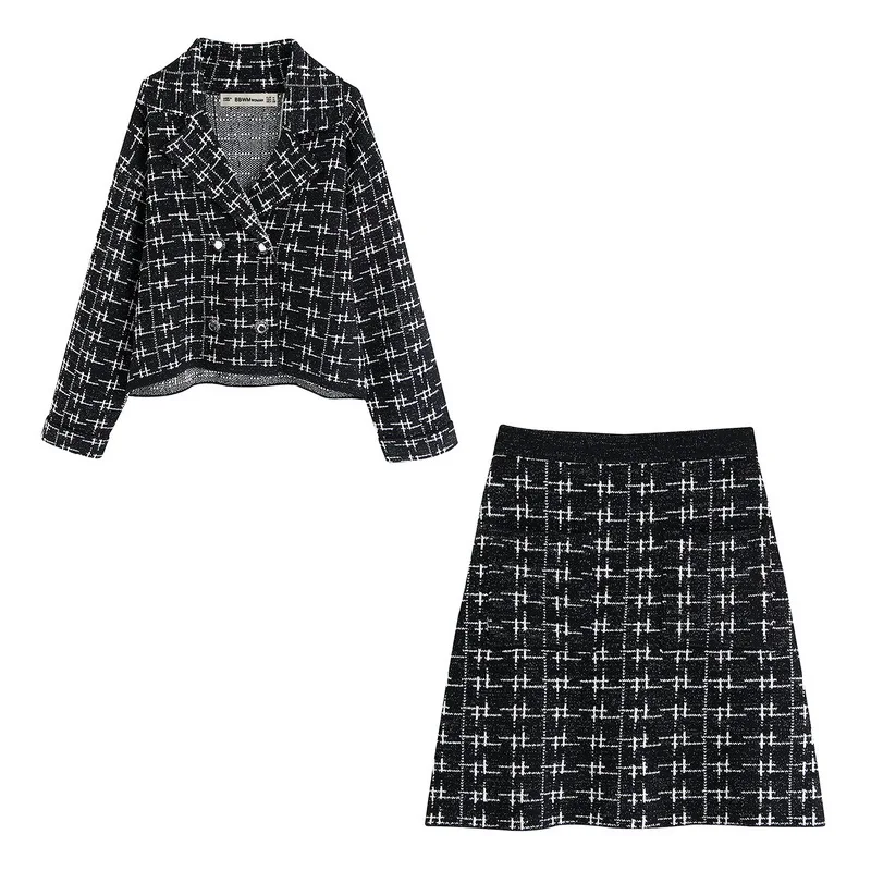 Женский осенний свитер новинка 2019 модный двубортный пиджак и юбка А силуэта