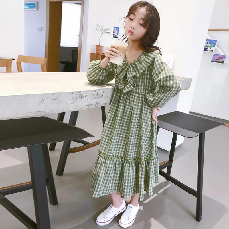 4 to 16 years kids &amp teenager girls long sleeve plaid v-neck ruffle flare midi dress child girl fashion fall autumn | Детская одежда