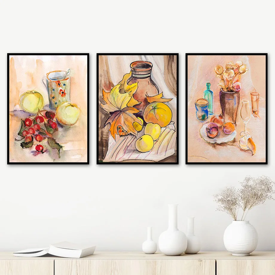 

Maple Leaf Apple Grape Bottle Watercolor Wall Art Canvas Painting Nordic Posters And Prints Wall Pictures For Living Room Decor