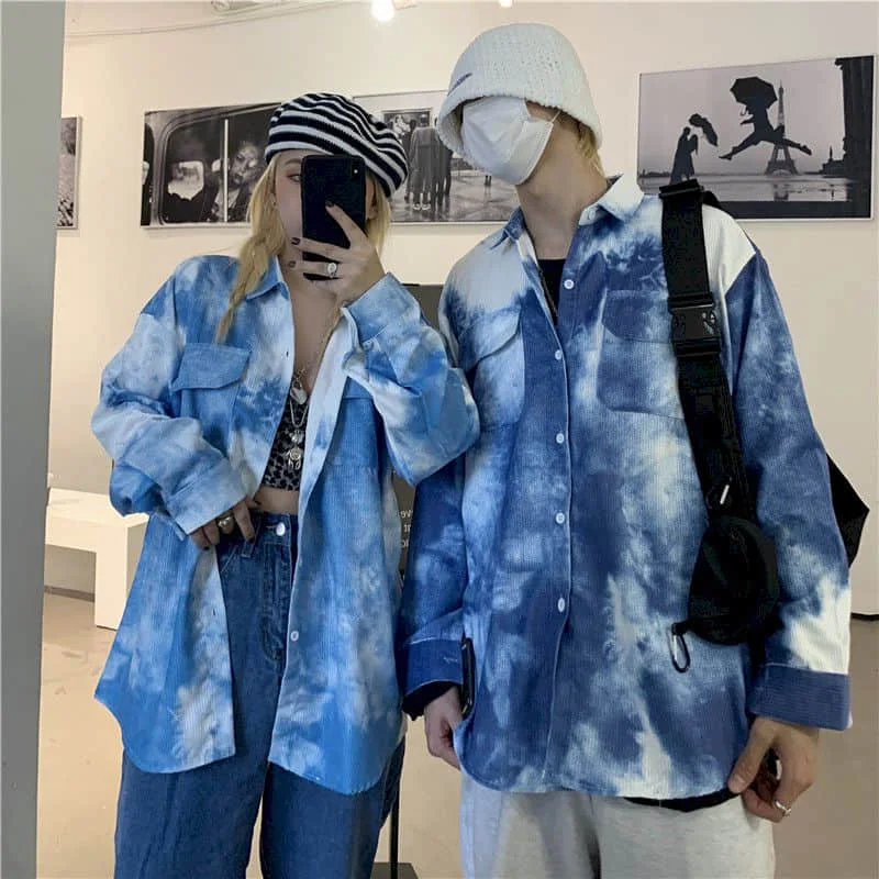 

Corduroy Blouse Women Shirts Couple Jacket Hong Kong Style Ins Tie-dye Shirt Korean Loose Trend Gradient Shirt Retro Clothes Top