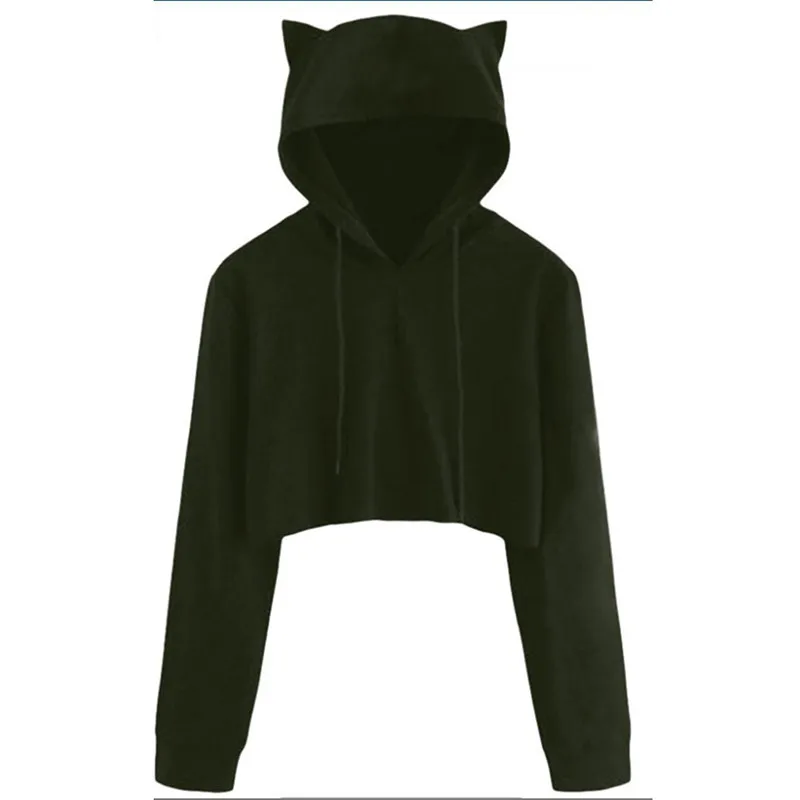 

Fashion Womens Solid Long Sleeve Hoodies Pullovers Autumn Winter Cat Ear Crop Hooded Sweatshirts Tops