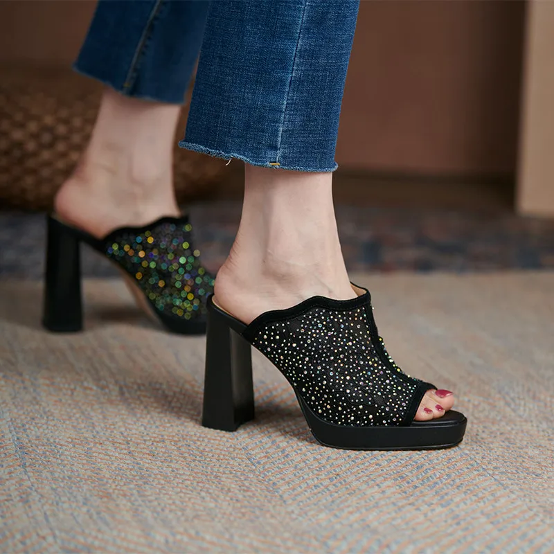 

MORAZORA 2021 Hot Sale Suede Leather Sandals Women High Heels Platform Sandals Crystal Mesh Sexy Party Shoes Ladies Black