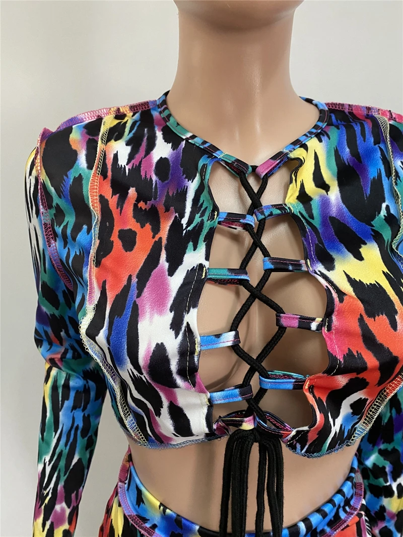 

TNNAOFF Fall Color Leopard 2 Piece Set for Women Full Sleeve Hollow Out Bandage Tops Sexy Pencil Pants Night Club Matching Sets