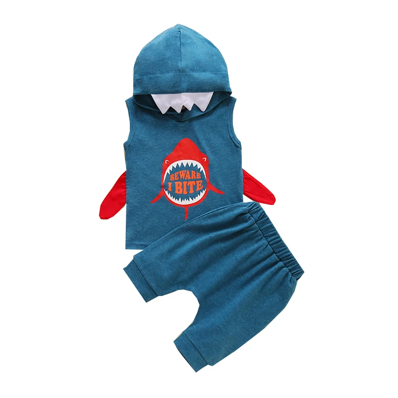 

Для новорожденных без рукавов с принтом в виде акулы Топ и однотонная Цвет длинные штаны костюм из 2 предметов для маленьких мальчиков и дев...