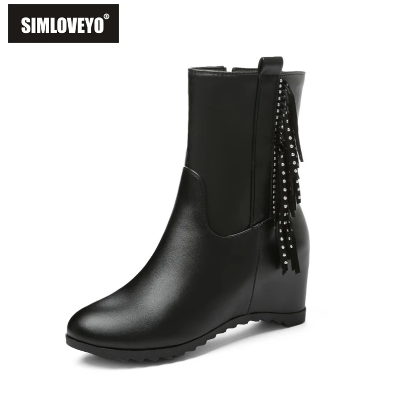 

SIMLOVEYO Size 33-43 Women Wedge Fur Sweet Autumn Mid Calf Shoes Lady Classic White High Quality Winter Boots For Party F1409