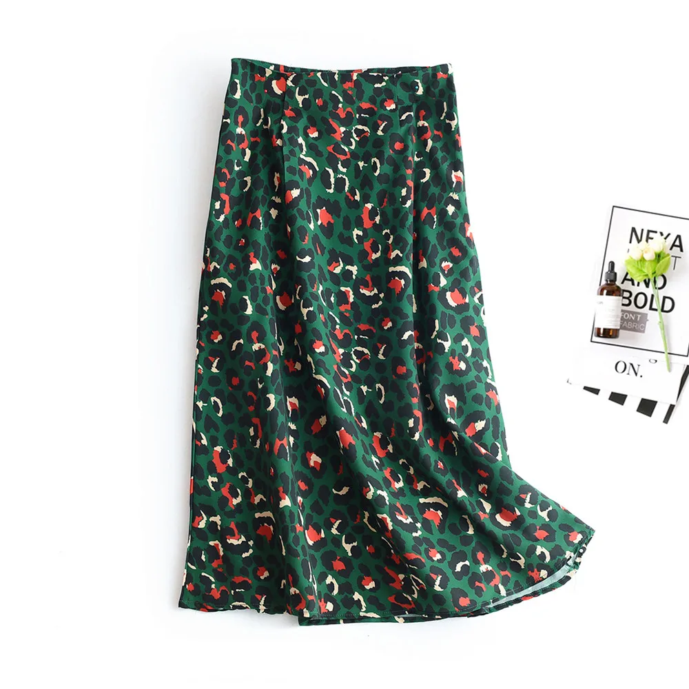 

2021 Colorful Leopard Print Long Skirt Women Ladies Green High Waist Split A-line Maxi Skirt Female