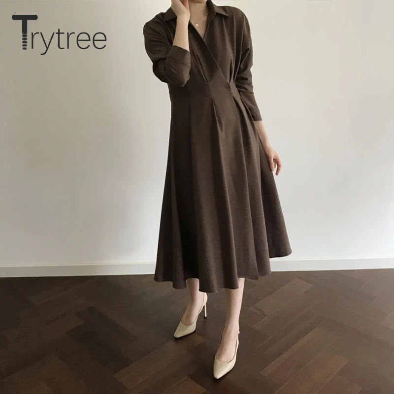 Осень зима 2020 женское Повседневное платье трапеция Trytree с отложным воротником