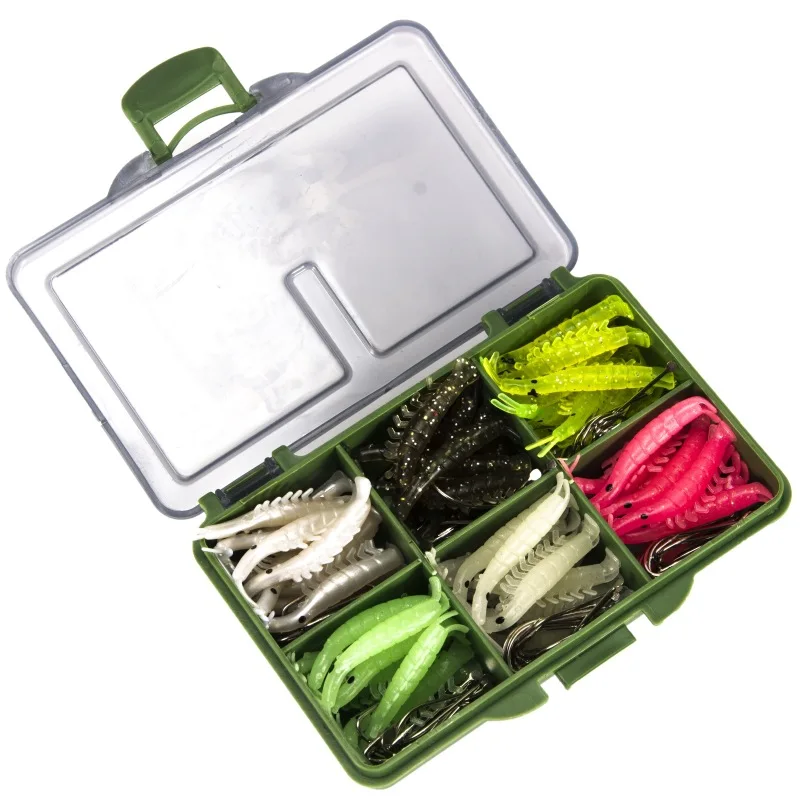 

Spot Shrimp Bait Soft Insect Bait 6 Grids 6 Colors Luminous Shrimp Bait Hook 121 Pieces Luya Fishing Set Combination