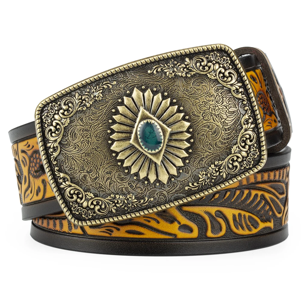 Bronze Pattern Buckle Tang Grass Embossed Leather Belt Decoration Men Big Head Fashion Belts Cowboy