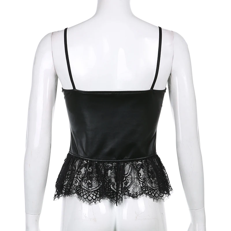 

2021 New Black Gothic Y2K Tops Women Dark Academia Aesthetic Vintage Lace Cami Top Strapless E Girl Aesthetic Faux Leather Tanks