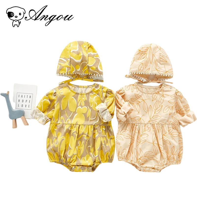 

Angou Toddler Baby Girls Romper Clothes Long Sleeves Hand-Painted Leaves Jumpsuit +Hat 2PCS Ruffle Infant Baby Bodysuit Clothes