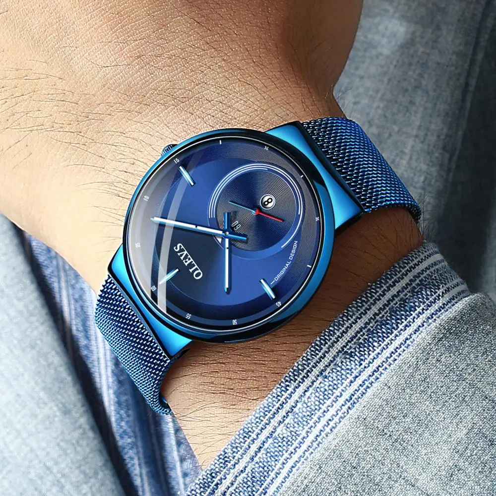 NEW OLEVS Watch Men Luxury Quartz Date Blue Dial Thin Top Brand Watches Sports Chronograph Mesh Belt Wrist Watch Man Clock