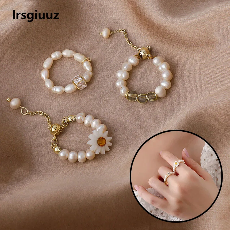 

Fashion New Flower Shell Pearl Pull Chain Adjustable Ring Ring Versatile Women's Hand Ring Creative Diy Bead String Jewelry