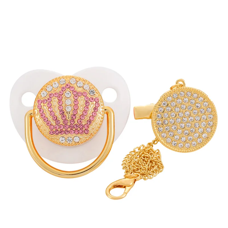 

Bling Luxury Rhinestone Baby Pacifier With Chain Clip Crown Newborn Silicone Orthodontic Pacifier Nipple Sleep Soother 0-18M