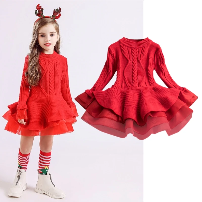 

Xmas Winter Autumn Girl Dress Children Clothes Kids Dresses For Girls Party Dress Long Sleeve Knitted Sweater Toddler Girl Dress