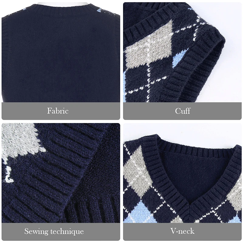 

2020 V Neck Vintage Argyle Pullover Weste Frauen Y2K Schwarze rmellose Plaid Strick Crop Pullover Casual Herbst Adrette