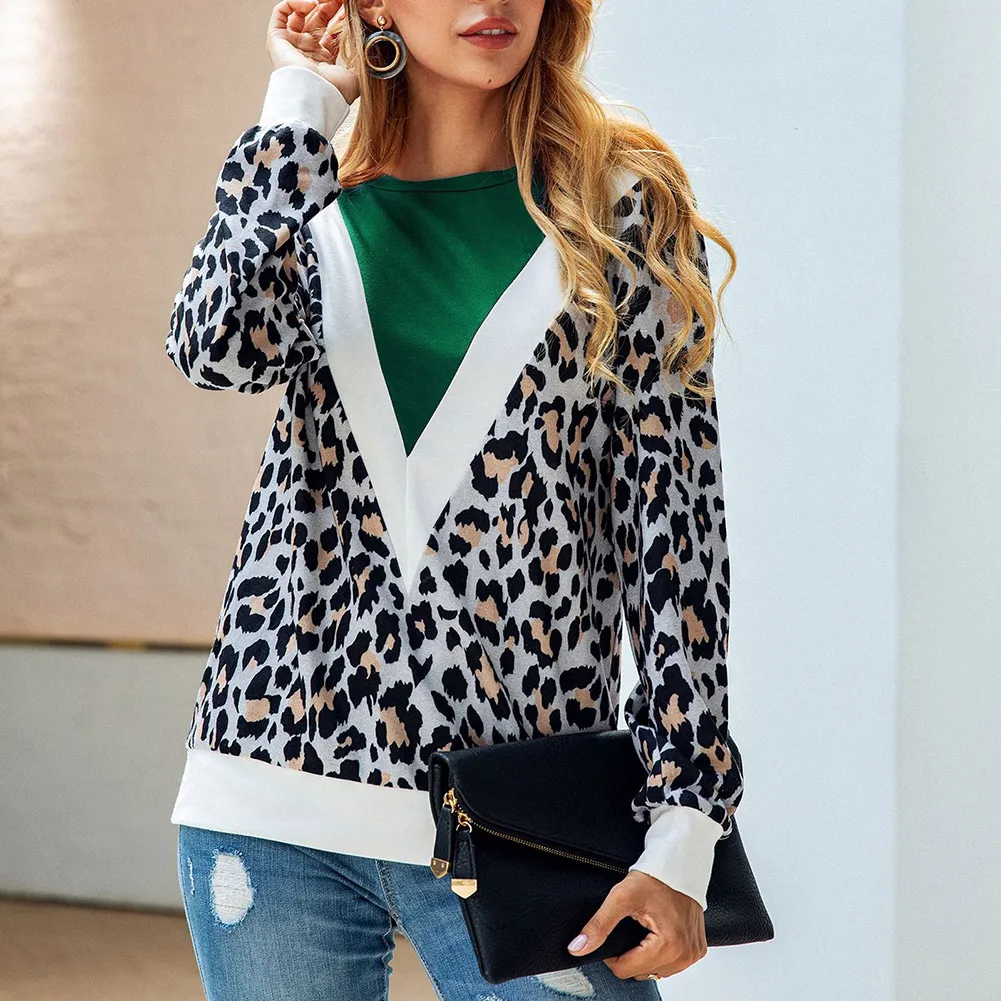 

Newly Women Autumn Blouse Leopard Print Spliced Long Sleeves Casual Loose Tops m99