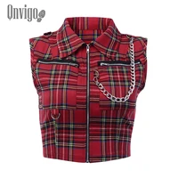 qnvigo red plaid zipper tank tops gothic comfortable shirt collar chain vest slim navel zipper punk hot workwear sleeveless top