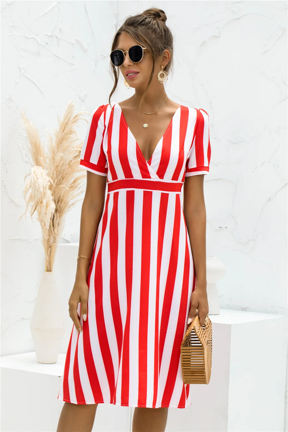 

2021 Hot Sale Summer Print Sexy V-neck Striped Short Sleeve Dress Long Skirt dresses