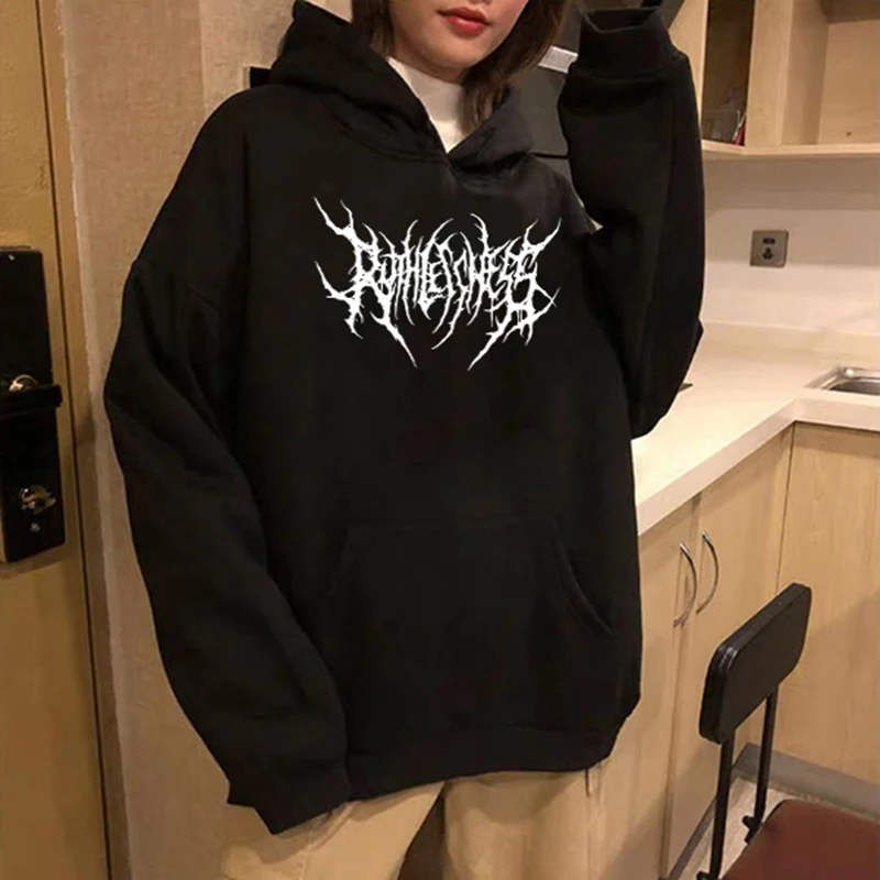 

Harajuku Sweatshirts Damen Warme Gothic Street Punk Frauen Hoody Horror Modische Casual Einfache Brief Druck