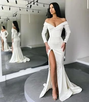 new satin mermaid v neck long wedding dress high side slit long sleeves button floor length bridal gowns robe de mariage