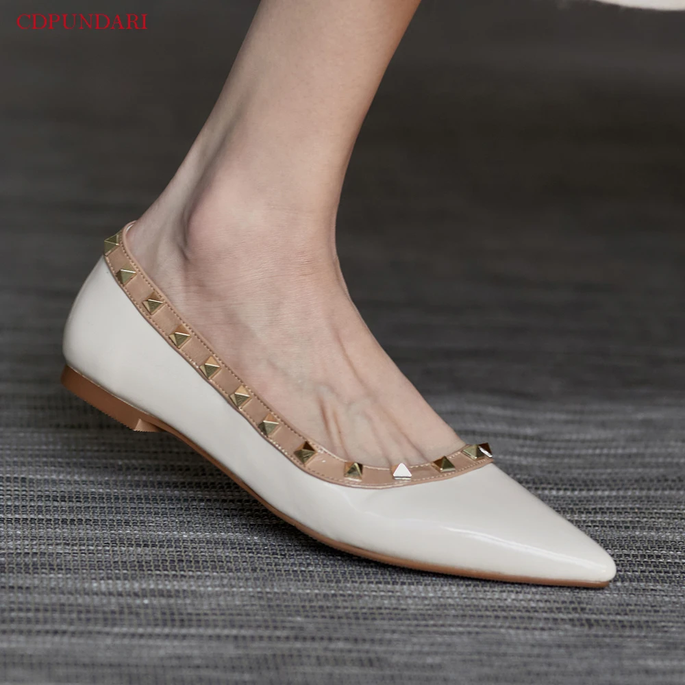 

Luxury Sexy Pointed Toe Rivet Casual Flat Shoes Women Spring Shallow Flats Black White Red Zapatos Casuales De Mujer