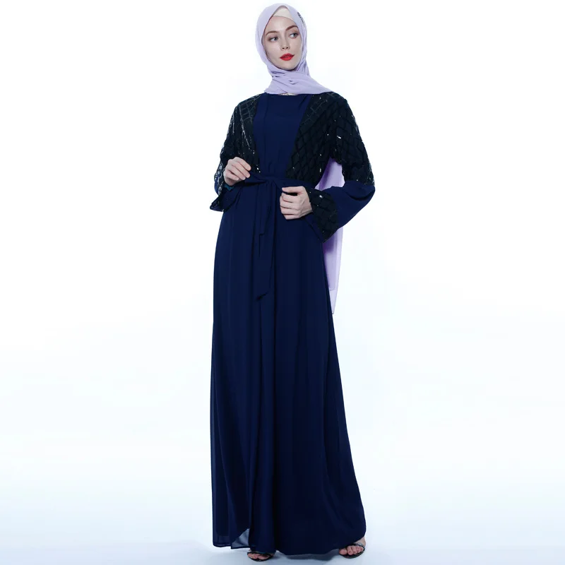 latest Dubai long-sleeved dress Muslim party Abaya ladies Arabian lace cardigan patchwork Turkish Islamic prayer gown robe