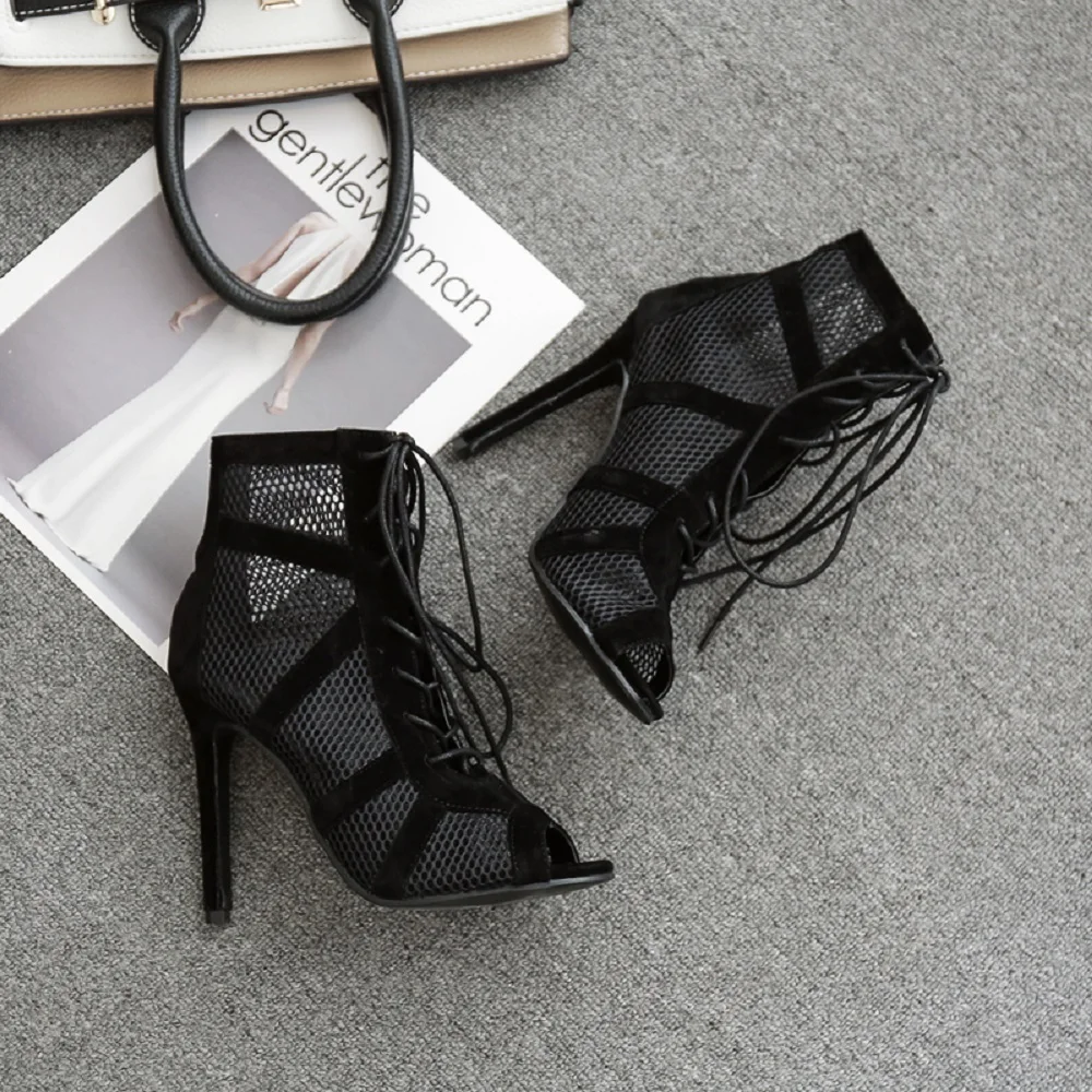 

Social Ballroom Dance Boots Indoor Sports Shoes Professional Salsa Latin Lace-Up Sandals Net Surface Hollow Out Heels