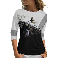 women t shirt spring fashion elegant slim contrasting color drop shoulder seven quarter sleeves printing wild street trendy tee
