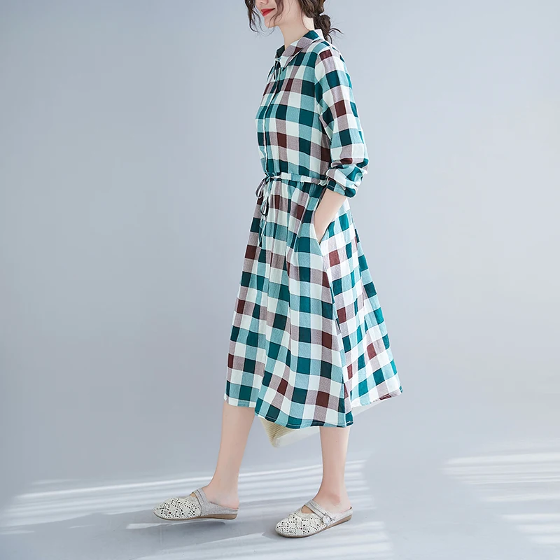 

2021 Spring Artistic Large Size Cotton and Linen Long-Sleeved Dress Women's Loose Mid-Length Cinched Drawstring Plaid Shirtdress