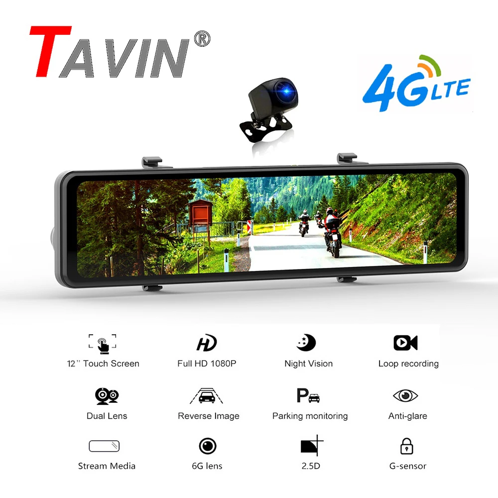 Автомобильный видеорегистратор 4G Android 8 1 DVR 12 дюймов 1080P двойная камера с