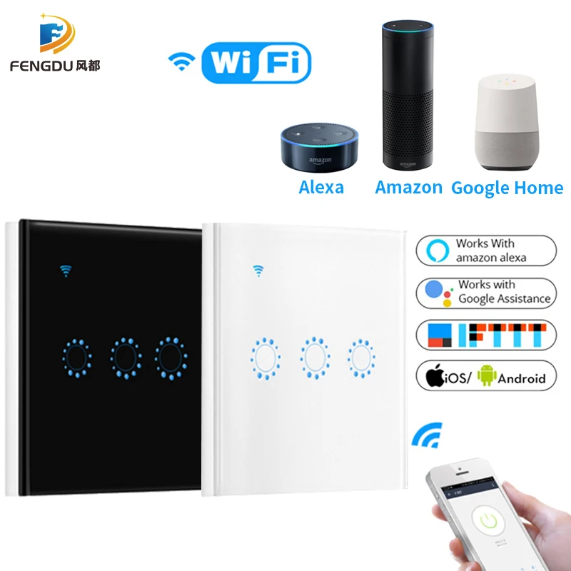 

Alexa Smart Home Tuya Light Switch EU Standard White Crystal Glass Panel 1/2/3 Gang Wall Lamp Touch Switch